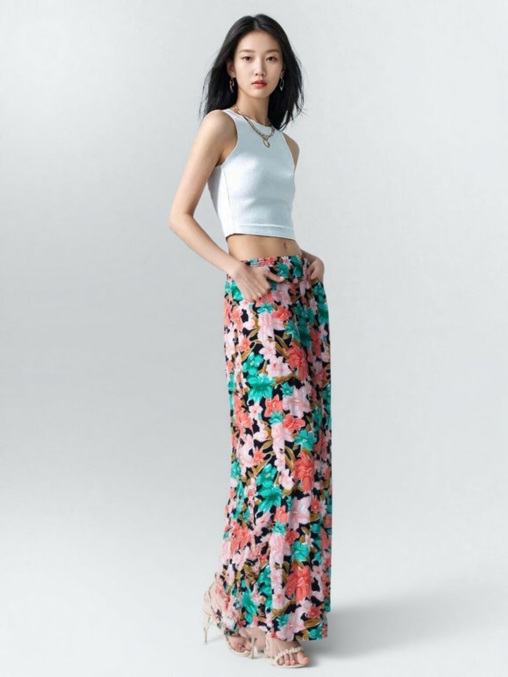 O'Neill Black Floral Wide-Leg Pants with Peach & Green Blooms